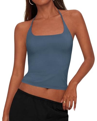 KIRUNDO Women's Halter Crop Tank Top Going Out Tops Y2k Trendy Camisole Workout Sleeveless Basic Shirt 2026 Summer Clothes(Dusty Blue, X-Large) - Image 1