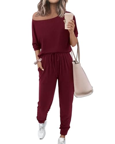 Zenlonr Women Summer 2 Piece Outfits 2026 Off Shoulder Short Sleeve Tops Elastic Waist Drawstring Long Pants Tracksuit(Wine Red,XX-Large) - Image 1