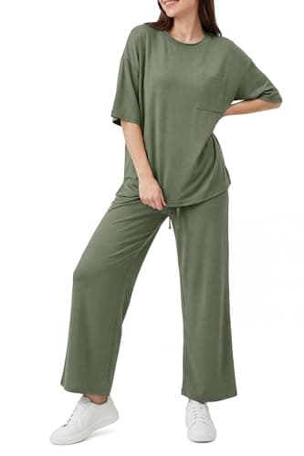 OUGES Women's Summer Pajamas 2 Piece Lounge Sets for Women Short Sleeve Wide Leg Pants Lyocell Cotton Blend Cool Feeling Maternity Postpartums Loungewear Pjs with Pockets(Green,XXL) - Image 1