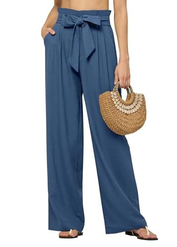 AVICHIC Women Linen Pants 2025 Paperbag Wide Leg Dress Pants High Waisted Work Slacks Tie Knot Trousers with Pockets 30" Denim Blue 3XL - Image 1