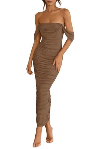 PRETTYGARDEN Womens 2026 Summer Off The Shoulder Dress Ruched Bodycon Sleeveless Split Cocktail Party Maxi Dresses (Coffee,Medium) - Image 1