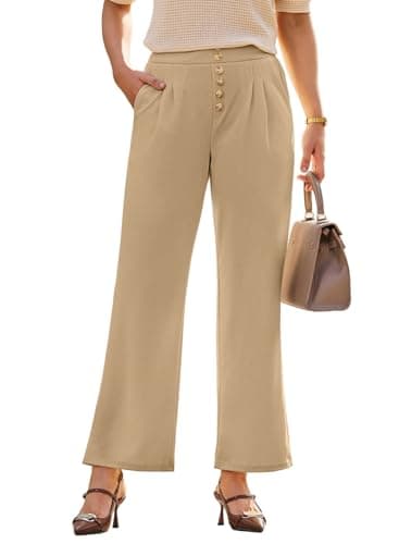 Dokotoo Womens Pants Dressy Casual Elastic High Waisted Waffle Knit Wide Leg Pants Lounge Wear Trousers Joggers with Pockets Beige Small - Image 1