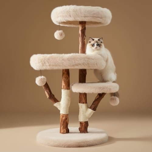 Erinnyees 44" Real Wood Cat Tree for Large Cats, 45LBS Heavy Duty Stable Cat Tower with Natural Branches, Modern Rustic Cat Furniture with 3-Tier Cloud-Soft Plush Platforms & Sisal Scratching Posts - Image 1