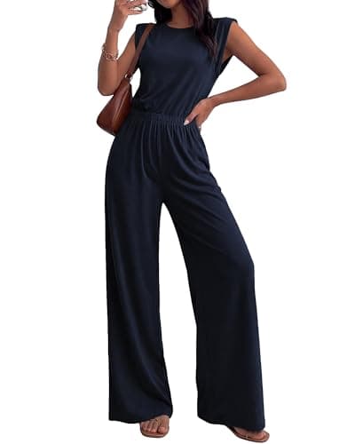 BTFBM 2 Piece Sets for Women Spring 2026 Casual Shoulder Pad Tank Top Wide Leg Pants Matching Set Travel Airport Outfits(Navy Blue, Small) - Image 1
