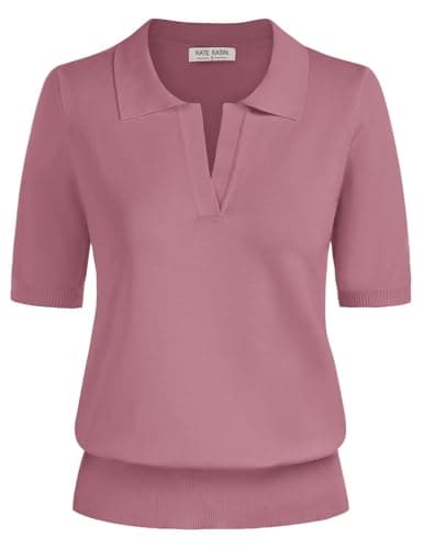 Kate Kasin Short Sleeve Sweaters for Women, V Neck Knit Tops, Business Casual Polo Shirts Dusty Pink M - Image 1