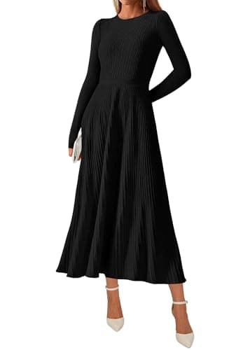 KIRUNDO Women Sweater Dress Holiday Ribbed Knit Long Sleeve Slimming Maxi Dress Fall Pleated Elegant A Line Winter Dresses(Black, Medium) - Image 1