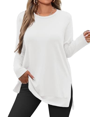 JUSTFASHIONNOW Womens Long Sleeve Tunic Tops to Wear with Leggings Crew Neck Side Split Layering Shirts Loose Fit Long Tops White - Image 1