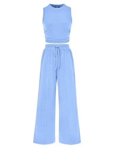 BTFBM Summer Outfits For Women 2026 Cropped Sleeveless Tank Tops Wide Leg Pants 2 Piece Sets Beach Lounge Set Clothing(Light Blue, Large) - Image 1