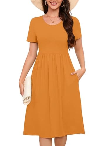 DEARCASE Women Dresses Yellow Small Wedding Guest Crewneck Short Sleeves A line Casual Flowy Swing Cocktail Slimming Birthday Party Holiday Spring Summer Travel Long Midi Dress with Pockets - Image 1