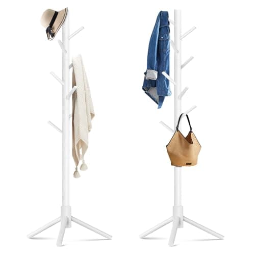OUTGAVA Wooden Coat Rack Freestanding with 8 Hooks,Easy Assembly New Zealand Pine Tree Coat Racks, 3 Adjustable Sizes for Clothes, Hats, Bags, for Entryway, Hallway, Bedroom, Office (White, 2 PCS) - Image 1