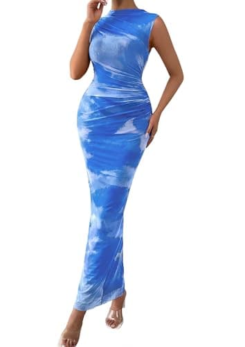 PRETTYGARDEN Summer Dresses for Women 2026 Sleeveless Bodycon Maxi Spring Mock Neck Tie Dye Mesh Cocktail Going Out Dress (Floral Blue,Small) - Image 1