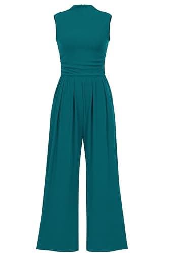 PRETTYGARDEN Womens Summer Jumpsuits Dressy Casual One Piece Outfits Sleeveless Mock Neck Wide Leg Pants Rompers with Pockets (Blue Green,Medium) - Image 1
