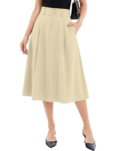 Casly Lamiit Women's Midi Skirt Trendy A Line Pleated Dressy Work Summer Spring Skirt with Pockets Office Light Khaki XS - Image 1