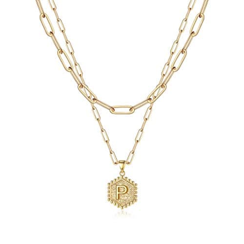 M MOOHAM Dainty Layered Initial Necklaces for Women - Cute Letter Initial P Necklace Choker Necklace 14K-Gold-Plated Layered Necklaces for Women - Image 1