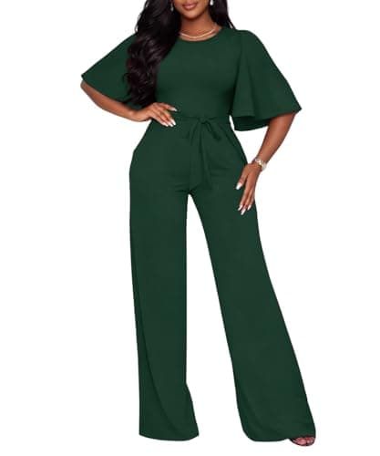 ABKY Jumpsuits For Women Dressy Batwing Sleeve Belted Wide Leg Romper Formal Wedding Evening Party Jumpsuit One Piece Outfits Deep Green XL - Image 1