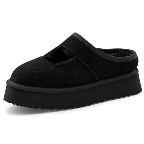 Vilanva Black Platform Slippers for Women Cozy Fur Lined Slip on Mary Jane Winter Shoes Warm Comfy House Slippers for Indoor Outdoor Size 9 - Image 1