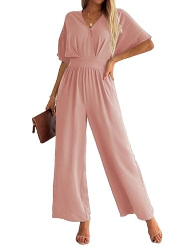 LOOKBOHO Womens Jumpsuits Dressy Wide Leg Pant Jumpsuit V Neck Short Sleeve Casual Wedding Party Long Romper Deep Pink XL - Image 1