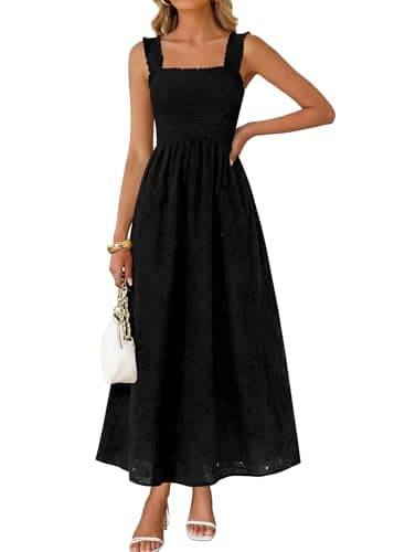 KIRUNDO Summer Lace Dress Vacation Outfits for Women 2026 Wedding Guest Dresses Maxi Beach Boho Sleeveless Cotton Sundress (Black, Medium) - Image 1