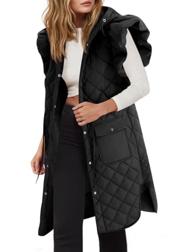Tankaneo Womens Long Puffer Vest Ruffle Sleeve Winter Coats Hood Sleeveless Quilted Jackets Outwear - Image 1