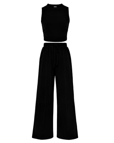 BTFBM Summer Outfits For Women 2026 Cropped Sleeveless Tank Tops Wide Leg Pants 2 Piece Sets Beach Lounge Set Clothing(Black, Medium) - Image 1