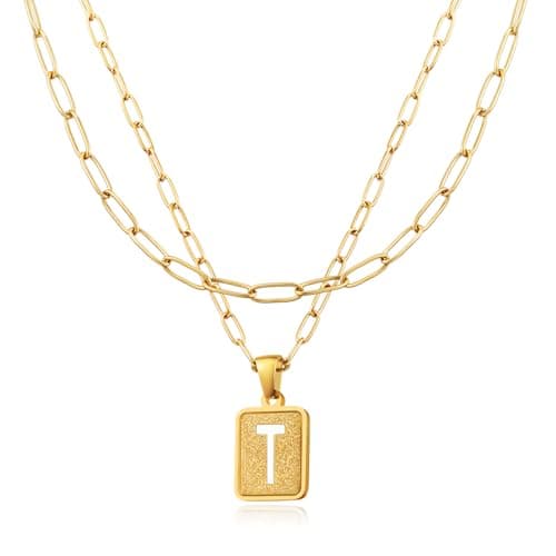 LETFLY Initial Gold Necklaces for Women, 18K Gold Plated Letter Layering Necklace Square Shaped Pendant with Adjustable Paperclip Chain for Womens Jewelry Gifts Alphabets T - Image 1