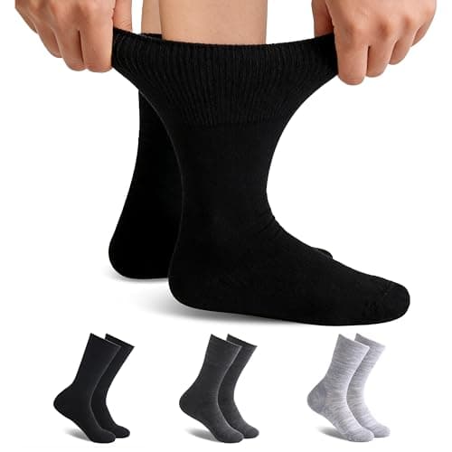 Forcool 3 Pairs Merino Wool Diabetic Extra Wide Diabetes Non Binding Loose Top Seamless Toe Cushioned Sole Mid Calf Crew Socks Men's Women's, X-Large Black Gray - Image 1