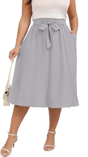 Xpenyo Plus Size Skirts for Women High Waisted A-Line Casual Work Tie Knot Flowy Skirts with Pockets,Grey,2XL - Image 1