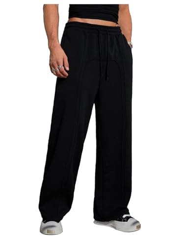 VIPWOLF Men's Stacked Baggy Sweatpants Drawstring Waist Straight Leg Track Pants Streetwear Black X-Large - Image 1