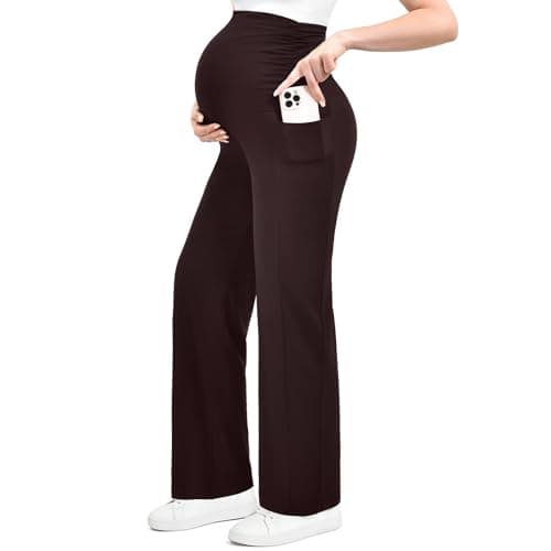 Ipletix Maternity Wide-Leg Lounge Pants with Pockets Over The Belly Soft Stretchy Pregnancy Wear Brown S - Image 1