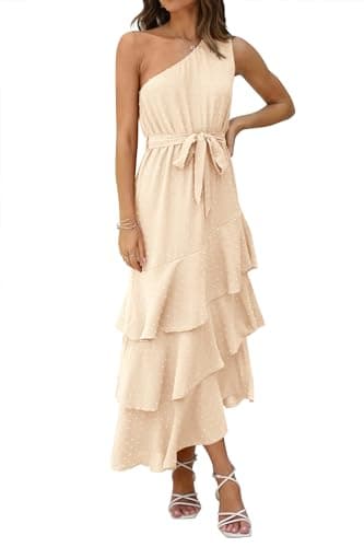 PRETTYGARDEN Women's Summer Floral Sundress Casual One Shoulder Tiered Ruffle Flowy Midi Beach Boho Dresses (Swiss Dot Beige,Small) - Image 1