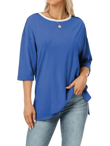 Skoinvb Womens Oversized Fall Tops Half Sleeve Drop Shoulder Crew Neck Summer Tee Shirt Loose Fit Basic Shirts Blue L - Image 1