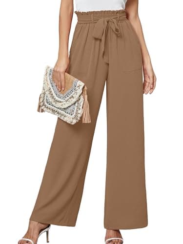 Heymoments Women's Wide Leg Pants with Pockets Deep Khaki Small Lightweight High Waisted Tie Knot Paperbag Dressy Palazzo Loose Paper Bag Comfy Business Casual Work Flowy Trousers - Image 1