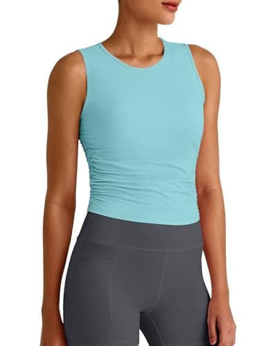 G4Free Women's Crop Athletic Tank Tops High Neck Workout Tanks Ruched Side Slim Fit Yoga Top for Gym Running Fitness(Light Blue,L) - Image 1