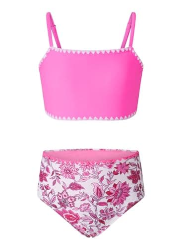 blibean Tween Girls Swimsuit Teen Two Piece Bathing Suit Little Kids Hawaii Bikini Sets Junior High Waisted Swimwear Floral Boho Swimming Suits Beach Traje Baño Niñas Size 6-7 Year Old Pink - Image 1
