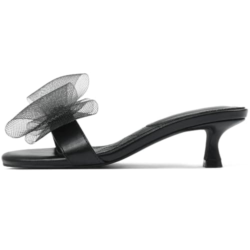 Tarkwa Kitten Heels for Women Open Round Toe Low Heels Sexy Vintage Mules with Bow Slip On Backless Heeled Sandals, Fashion Dress Shoes for Daily, Weeding, Party, Casual Black 10 - Image 1