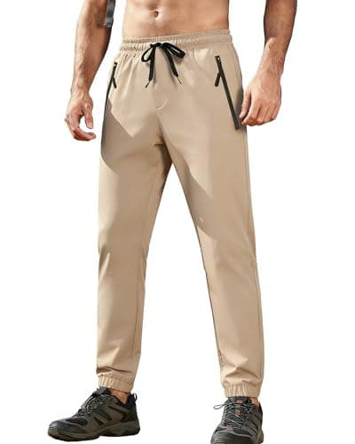 Mens Hiking Pants Sweatpants Joggers with Zipper Pockets Waterproof Quick Dry Lightweight UPF 50+ Cargo Elastic Waist Drawstring Casual Work Athletic Workout Khaki XL - Image 1