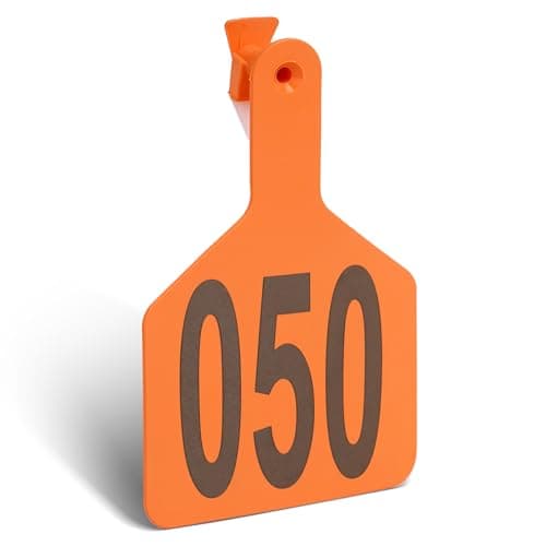 Cattle Ear Tags with 001-050 Numbers Large 1-Piece Z Livestock Ear Tags for Cow Goat Sheep Pig Calves Dog,Animal ID Identification Tag 4.4"x 3",Orange