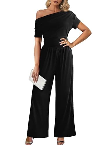 LOOKBOHO Women's Jumpsuits Dressy Casual Off Shoulder Jumpsuit Boat Neck Wide Leg Long Pant Romper One Piece Outfits - Image 1