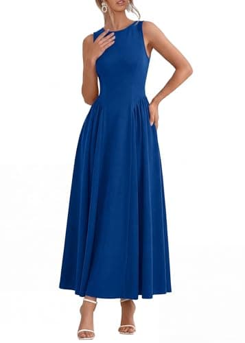 KIRUNDO Wedding Guest Dresses for Women 2026 Summer Semi Formal Work Sleeveless Elegant Boat Neck Flowy A Line Maxi Dress(Bright Blue, Large) - Image 1