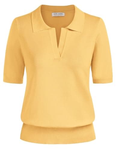 Kate Kasin Women Summer Knitted Polo Tee Shirt Casual Short Sleeve Ribbed Hem Sweater Tops Golf Sweater Tops Yellow L - Image 1