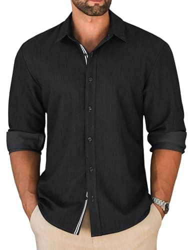 LETSEE Men's Button Down Dress Shirt Long Sleeve Untucked Business Casual Shirt Wrinkle Free Stretch Denim Texture - Image 1