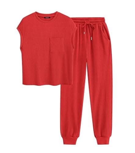 BTFBM Women's Two Piece Tracksuit Outfits Summer Short Sleeve Tops Long Pants Jogger Lounge Matching Sets Sweatsuit(Red,XX-Large) - Image 1