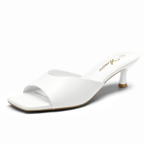 Athlefit White Kitten Heels for Women Square Open Toe Low Heels Heeled Sandals Summer Dressy Slip On Slide Sandals Size 10 - Image 1