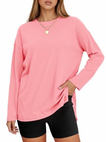 Tankaneo Women's Oversized Long Sleeve Tunic Tops Casual Crewneck Loose Fit T-Shirt with Side Slits 2026 Light Pink - Image 1