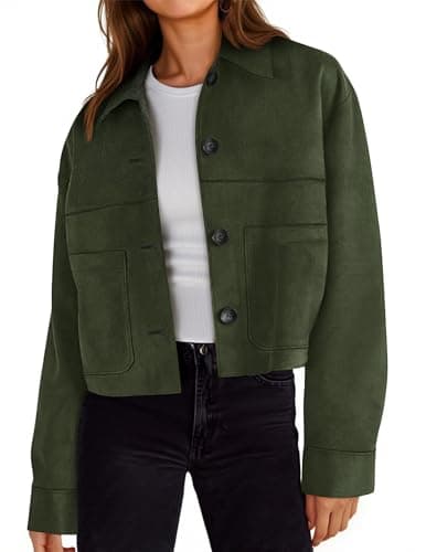 Tankaneo Womens Cropped Faux Suede Leather Jackets Lapel Collar Button Down Short Coats Fall Winter Vintage Trendy Shackets - Image 1