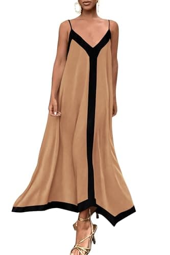 PRETTYGARDEN Womens Maxi Dress 2026 Summer Sundress V Neck Spaghetti Strap Flowy Elegant Party Dresses Beach Vacation Clothes (Khaki,Medium) - Image 1