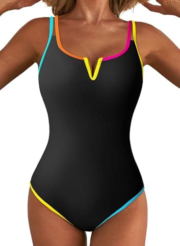 Aleumdr V Wired One Piece Swimsuit for Women Color Block Tummy Control Bathing Suits Modest Neon Sexy Sport Swimwear Black Small - Image 1