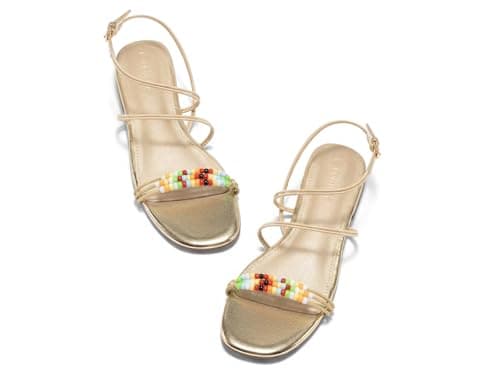 Coutgo Womens Strappy Flat Sandals Open Toe Lace Up Beaded Gladiator Flats Ankle Strap Summer Beach Shoes Gold, Size 8 - Image 1