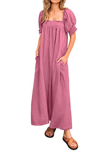 KIRUNDO Women 2026 Summer Maxi Dress Casual Loose Puff Sleeve Square Neck Maternity Flowy Long Beach Dresses with Pockets(Rose Pink, X-Large) - Image 1