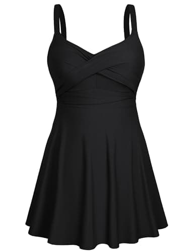 HUSKARY Womens Plus Size Swimsuit Tummy Control Bathing Suits High Waisted Swim Dress and Boyshorts Two Piece Swimwear for Curvy Women Summer 20W A-Black - Image 1